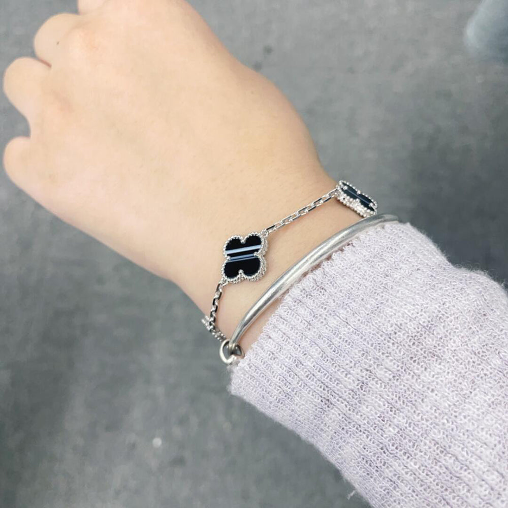 [BIJOUX]BRACELET CLOVER 5 MOTIFS ONYX VEINÉ ARGENT