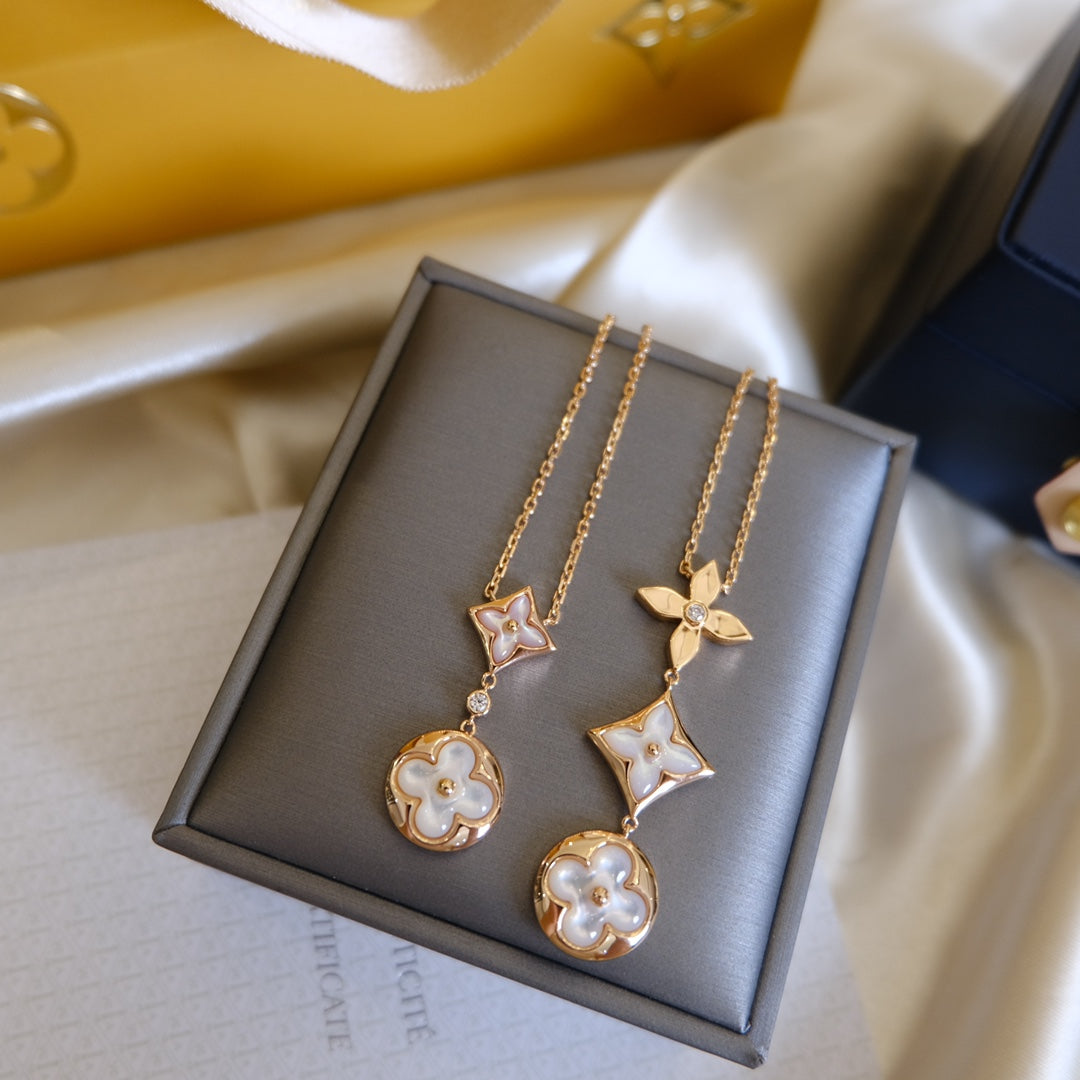 [BIJOUX]COLOR BLOSSOM LARIAT NECKLACE PINK GOLD WHITE MOTHER PEARL AND DIAMOND