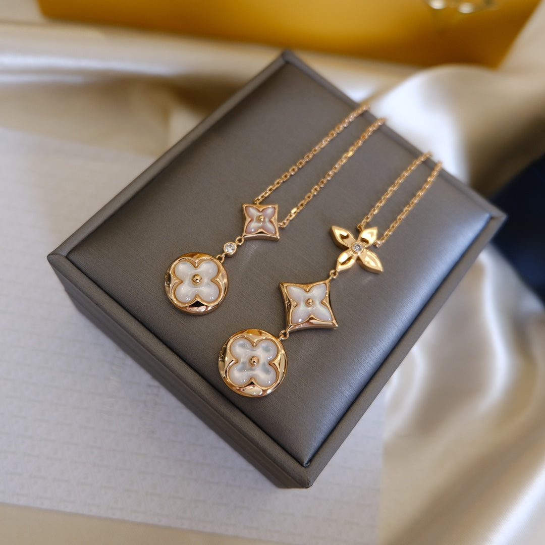 [BIJOUX]COLOR BLOSSOM LARIAT NECKLACE PINK GOLD WHITE MOTHER PEARL AND DIAMOND