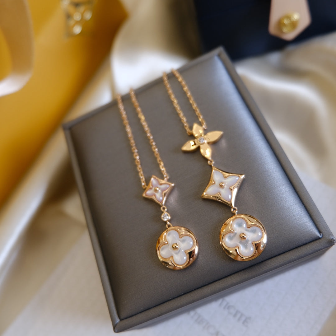 [BIJOUX]COLOR BLOSSOM LARIAT NECKLACE PINK GOLD WHITE MOTHER PEARL AND DIAMOND