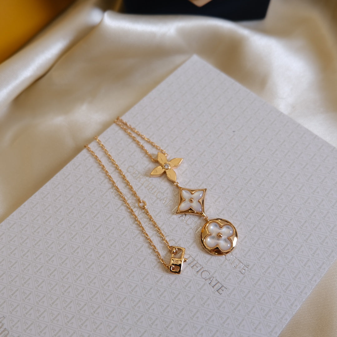 [BIJOUX]COLOR BLOSSOM LARIAT NECKLACE PINK GOLD WHITE MOTHER PEARL AND DIAMOND