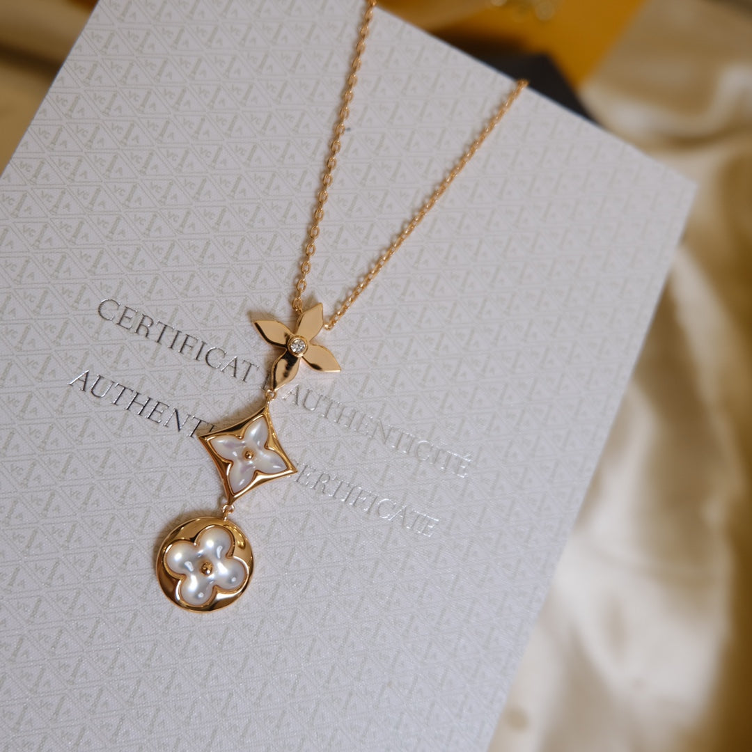 [BIJOUX]COLOR BLOSSOM LARIAT NECKLACE PINK GOLD WHITE MOTHER PEARL AND DIAMOND