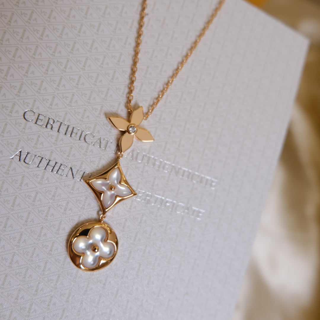 [BIJOUX]COLOR BLOSSOM LARIAT NECKLACE PINK GOLD WHITE MOTHER PEARL AND DIAMOND