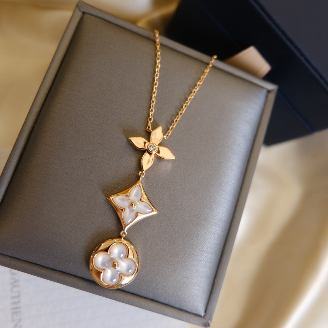 [BIJOUX]COLOR BLOSSOM LARIAT NECKLACE PINK GOLD WHITE MOTHER PEARL AND DIAMOND