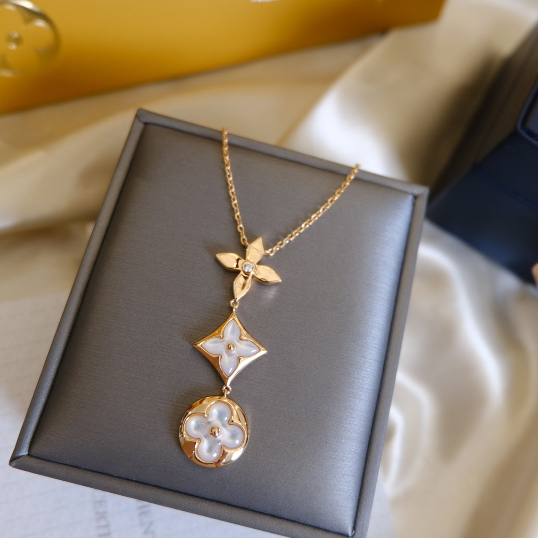 [BIJOUX]COLOR BLOSSOM LARIAT NECKLACE PINK GOLD WHITE MOTHER PEARL AND DIAMOND