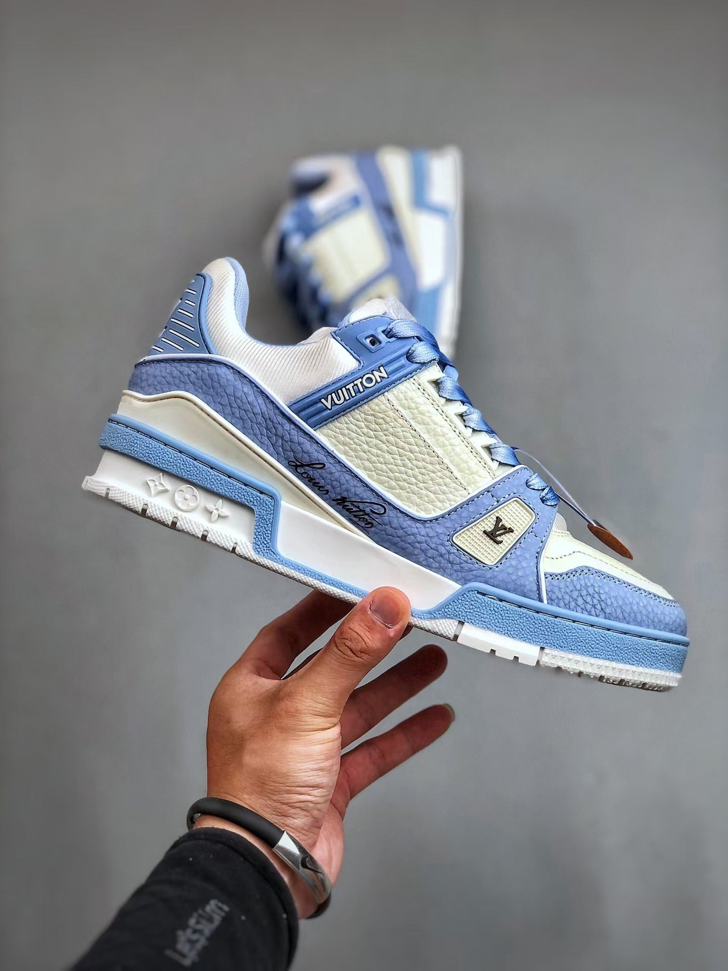 TRAINER CALF LEATHER ROUND TOE LACE-UP LOW-TOP SNEAKERS BLUE WHITE