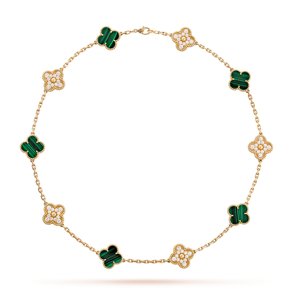 [BIJOUX]CLOVER COLLIER MALACHITE DIAMANT 10 MOTIFS