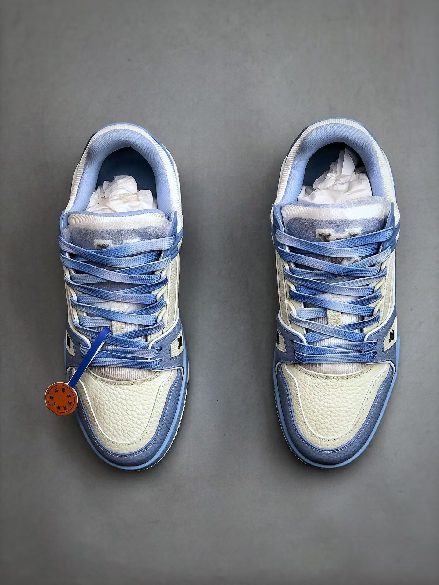 TRAINER CALF LEATHER ROUND TOE LACE-UP LOW-TOP SNEAKERS BLUE WHITE