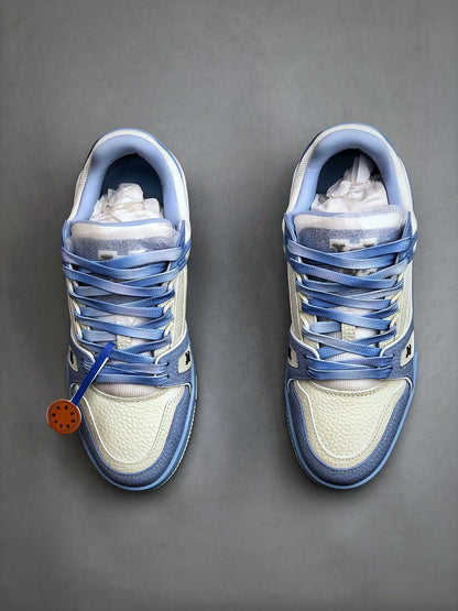 TRAINER CALF LEATHER ROUND TOE LACE-UP LOW-TOP SNEAKERS BLUE WHITE