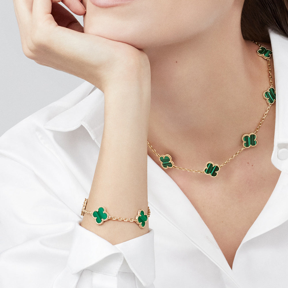 [BIJOUX]COLLIER TRÈFLE 10 MOTIFS MALACHITE
