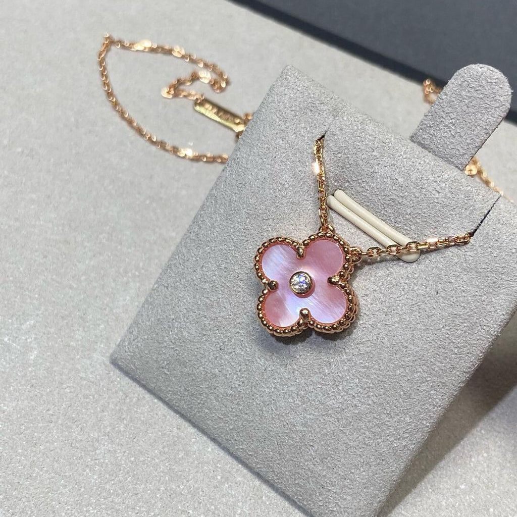 [BIJOUX]COLLIER TRÈFLE 15 MM NACRE ROSE DIAMANT
