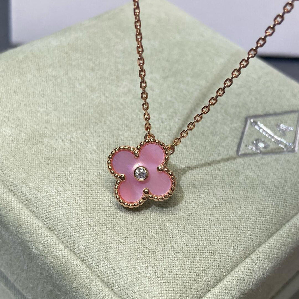 [BIJOUX]COLLIER TRÈFLE 15 MM NACRE ROSE DIAMANT