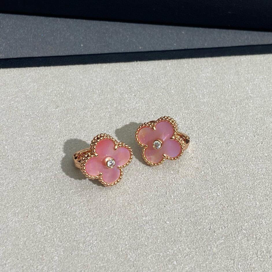 [BIJOUX]CLOUS D'OREILLE TRÈFLE MOYEN 1 DIAMANT ROSE