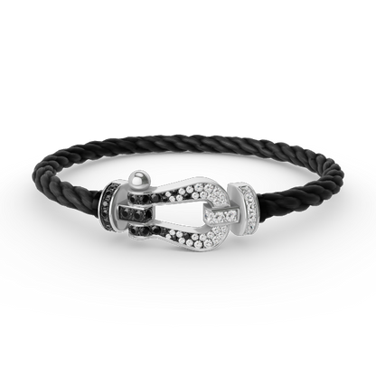 [BIJOUX]BRACELET FORCE LARGE FER A CHEVAL NOIR BLANC DIAMANT ARGENT