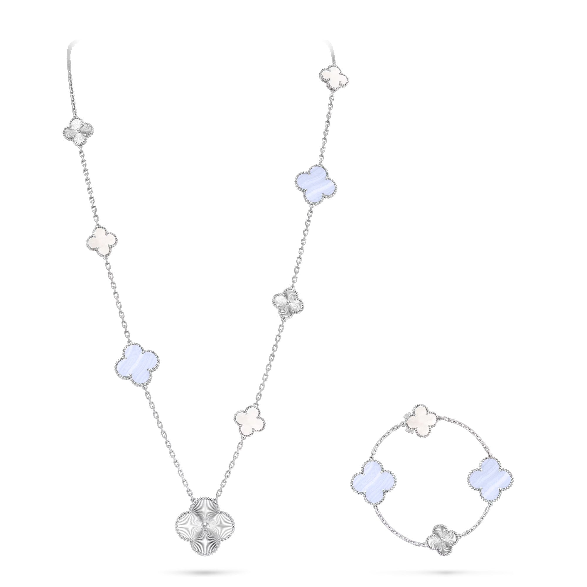 [Topon]DETACHABLE CLOVER 15(11+4) FLOWER SILVER NECKLACE SET