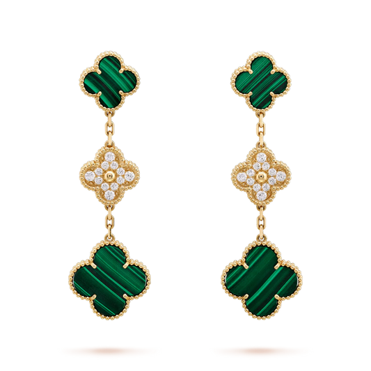 [Topon]CLOVER EARRINGS GOLD MALACHITE DIAMOND 3 MOTIF